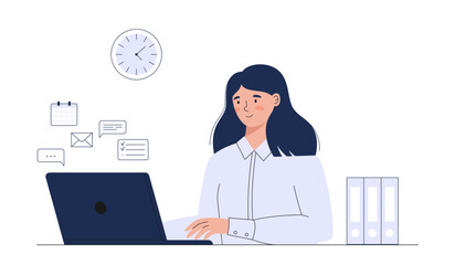 A woman manager working at her laptop with different tasks. Illustration of working in an office. Vector business illustration