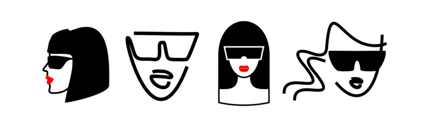 sunglasses salon icons set. colored logos of beautiful faces of young girls. girls with glasses