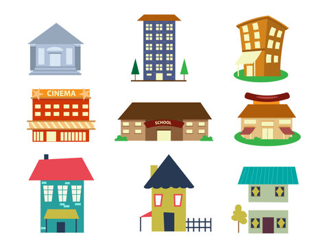 set of city buildings exterior cartoon collection. Flat design of retro and modern houses, cinema, market, hospital or clinic and school. Vector illustrations isolated on white background.