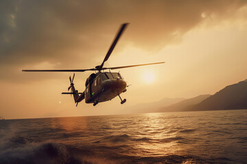 AI generated image of army helicopter above sea - obrazy, fototapety, plakaty
