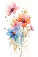 Wildflower colorful watercolor art thin flowers on white background Generative AI 