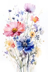 Wildflower colorful watercolor art thin flowers on white background Generative AI 