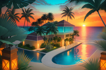 Fototapeta premium An illustration of beach lanscape with palm trees. (AI-generated fictional illustration) 