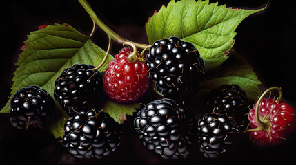 3D Art Image or Realistic Blackberries Branch on Black Background. Generative AI. - obrazy, fototapety, plakaty