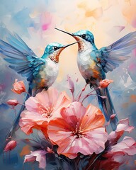 A vibrant painting illustration of two hummingbirds perched atop a wildflower captures the beauty and fragility of nature's animal inhabitants