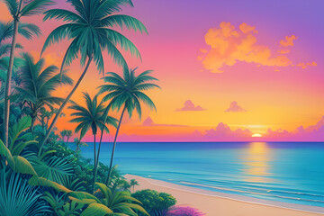 Plakat An illustration of beach lanscape with palm trees. (AI-generated fictional illustration) 