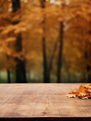 Naklejka na ściany i meble Autumn themed empty table background, created with AI Generative Technology