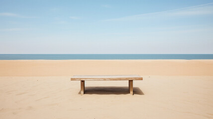 Obraz premium Beach themed empty table background, created with AI Generative Technology