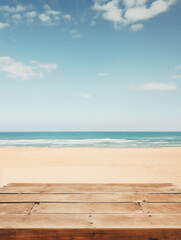 Fototapeta premium Beach themed empty table background, created with AI Generative Technology