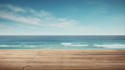 Fototapeta premium Beach themed empty table background, created with AI Generative Technology