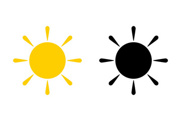 Sun icon set. Collection of yellow sun and black silhouette. Vector illustration for use as weather, sunlight, nature icon or logo isolated on white background