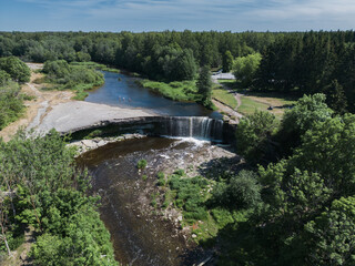 Jägala waterfall on a summer day, aerial photograph.