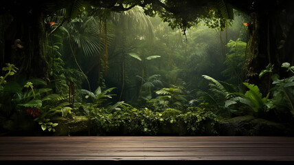 Jungle themed empty table background,, created with AI Generative Technology