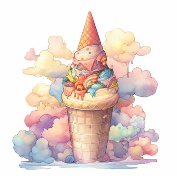  A Painting of Colorful Skyline Ice Cream Wafer Cone in Clouds.
