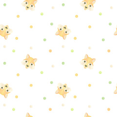 Seamless pattern with funny fox faces and colored circles. Watercolor illustration highlighted on a white background. A set OF ANIMAL FACES. Suitable for children's textile design, printing, wallpaper
