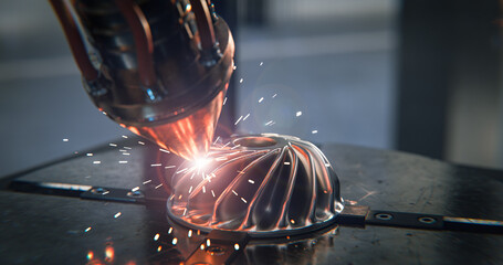 A modern 3D printer is printing a metal turbine. The future of machine part manufacturing. 3d render