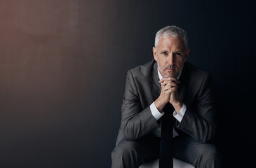 Mockup, chair and portrait of serious businessman, lawyer or attorney with confidence on dark background and studio space. Boss, ceo and professional business owner, proud senior director at law firm - obrazy, fototapety, plakaty