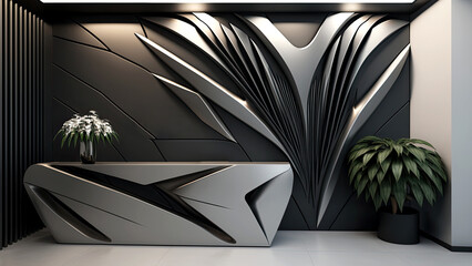 Reception Desk in the Hall of the Office or Hotel and Floral Plant Pots, Black and Silver Color. Generative AI Technology.
