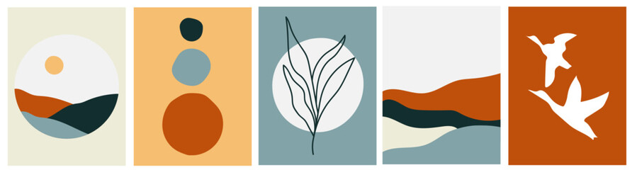 collection of modern simple minimalist posters: abstraction with geometric shapes, silhouette of flying birds and plants and landscape on a colored background