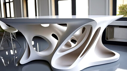 Modern Design Luxury White Table and Chair in Interior Design Surrounded by Glass Windows. Generative AI Technology.