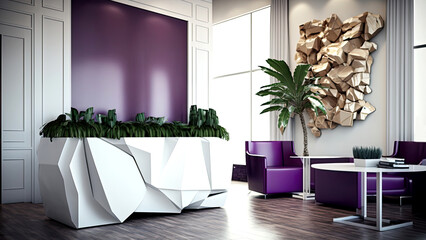 Purple and White Color Scheme for Customer Seating Area Interior a Pub Cafe or Restaurant with No People, Decorative Plants. Generative AI Technology.