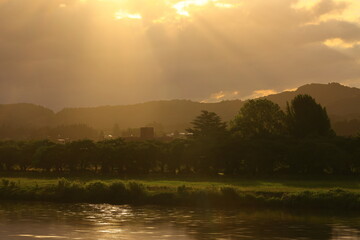 新緑の北上川の風景