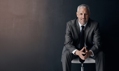 Mock up, chair and happy portrait of lawyer, attorney or businessman with confidence on dark...