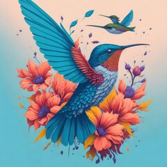 A fantasy watercolor painting of hummingbird with flower spinning against grey background.Generative AI