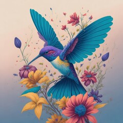 Fototapeta na wymiar A fantasy watercolor painting of hummingbird with flower spinning against grey background.Generative AI