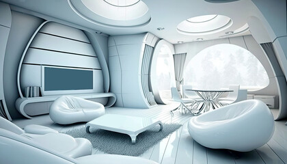 Futuristic Living Room Modern Interior in a Sci-fi Design, Wall Mounted Large Flat TV Screen and Featuring Furniture. Generative AI Technology.