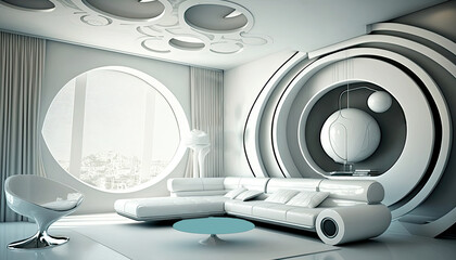 Luxurious Living Room of Space Ship Interior with Futuristic Furniture, Glass Window Offering a Stunning View of Cityscape. Generative AI Technology.