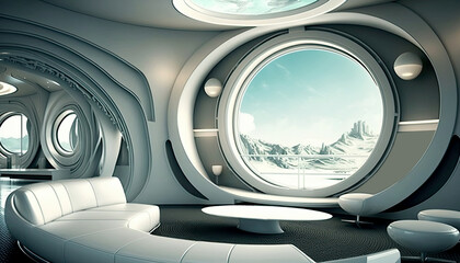 Luxurious Living Room of Futuristic Space Ship with Glass Windows Offering a Stunning View of Snowy Mountain Landscape and Featuring Furniture. Generative AI.