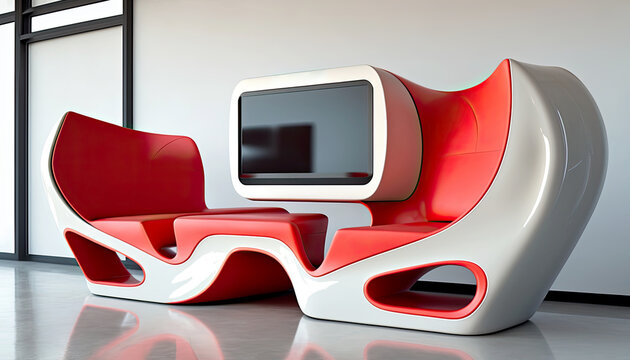 Futuristic Digital Kiosk with Modern Chairs in Interior Design. Generative AI Technology.