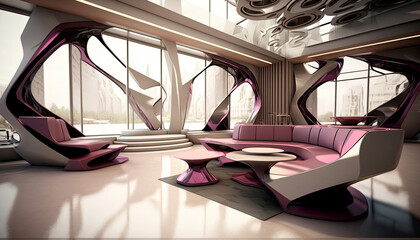 Ultra Modern Living Room Interior with Wraparound Glass Windows Overlooking the City, Dark Pink Futuristic Furniture, Lounge Sofa. Generative AI Technology.