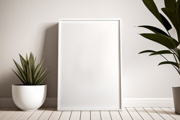 Vertical frame mockup in minimalist white interior