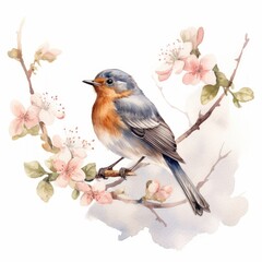 Fototapeta premium Zauberhafte Watercolor-Zeichnung eines Rotkehlchens auf einem Kirschblütenzweig, Generative AI