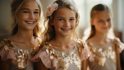 Cute ballerina little girls in pink tutu dance practice in the room, kid ballet concept. Adorable children dancing together classical ballet in studio