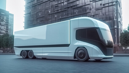 Cargo truck for delivery of goods with automated unmanned control with blank side mock up on city streets, generated AI
