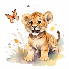 Obraz premium Liebenswertes Löwenjunges in Wasserfarbenstil, spielerisch nach einem Schmetterling schnappend, Generative AI