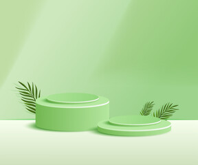 3d product podium and pedestal in green color with palm leaves. 3d rendering vector background view with podium. To display 3d cosmetic products.