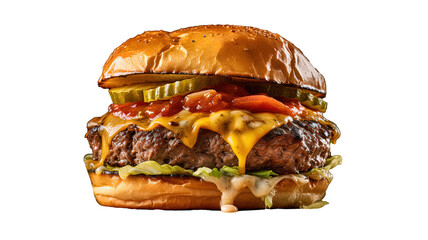 This image showcases a close-up view of a scrumptious cheeseburger cooked to perfection.  - obrazy, fototapety, plakaty