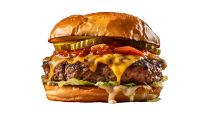 This image showcases a close-up view of a scrumptious cheeseburger cooked to perfection. 