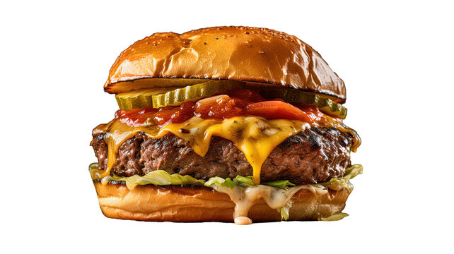 This image showcases a close-up view of a scrumptious cheeseburger cooked to perfection. 
