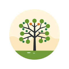 illustration of imaginative orange tree with whimsical leaves on branches icon circular design using vector illustration art