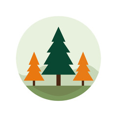 orange green christmas trees on green land in circular design on white background using vector illustration art