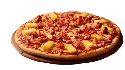 This image showcases a delicious Hawaiian pizza with ham and pineapple toppings, sitting on a...