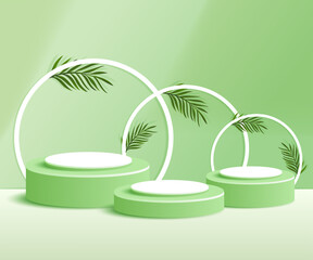 3d product podium and pedestal in green color with palm leaves. 3d rendering vector background view with podium. To display 3d cosmetic products.