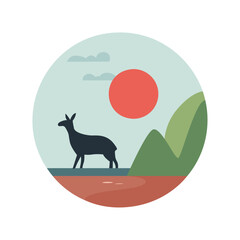 goat silhouette landscape standing near green hills on brown sand during sunset circular design using vector illustration art