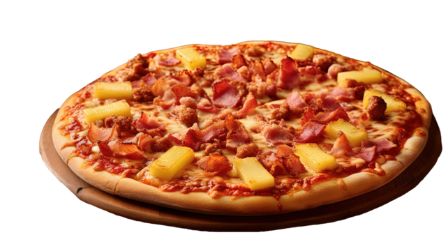 This image showcases a delicious Hawaiian pizza with ham and pineapple toppings, sitting on a wooden platter. The pizza is served on a cutting board, ready for someone to enjoy a slice. 