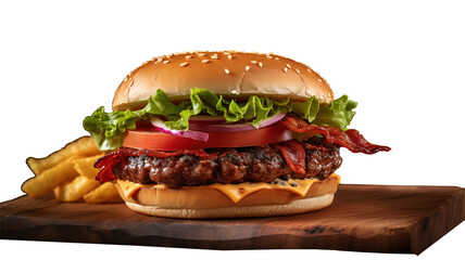 This image showcases a large, freshly cooked cheeseburger with tomatoes, lettuce, and bacon, served on a bun.